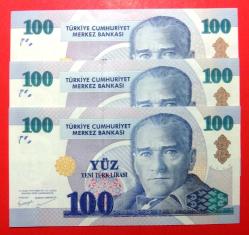 TÜRKİYE=2005  100 YTL  P-221    8.Emisyon 1.Tertip  ÇİL'  3 Adet!