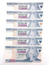 7. Emisyon 250.000 Türk Lirası Koleksiyon Kağıt Para . Hobi Para. Hatıra Para. Eski Para.