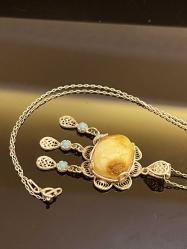 MARDİN TELKARİ EL İŞÇİLİĞİ 925 AYAR GÜMÜŞ MÜSECCER ESKİ KAYA DAMLA KEHRİBAR BAYAN KOLYE