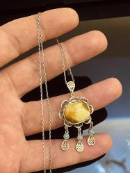 MARDİN TELKARİ EL İŞÇİLİĞİ 925 AYAR GÜMÜŞ MÜSECCER ESKİ KAYA DAMLA KEHRİBAR BAYAN KOLYE