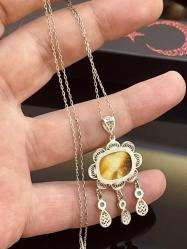 MARDİN TELKARİ EL İŞÇİLİĞİ 925 AYAR GÜMÜŞ MÜSECCER ESKİ KAYA DAMLA KEHRİBAR BAYAN KOLYE