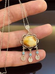 MARDİN TELKARİ EL İŞÇİLİĞİ 925 AYAR GÜMÜŞ MÜSECCER ESKİ KAYA DAMLA KEHRİBAR BAYAN KOLYE