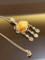 MARDİN TELKARİ EL İŞÇİLİĞİ 925 AYAR GÜMÜŞ MÜSECCER ESKİ KAYA DAMLA KEHRİBAR BAYAN KOLYE