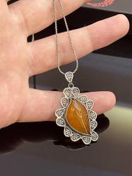 YAPRAK FORMUNDA OSMANLI DAMLA KEHRİBAR BAYAN KOLYE 925 AYAR TELKARİ GÜMÜŞ