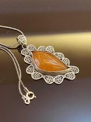 YAPRAK FORMUNDA OSMANLI DAMLA KEHRİBAR BAYAN KOLYE 925 AYAR TELKARİ GÜMÜŞ