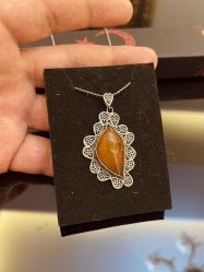 YAPRAK FORMUNDA OSMANLI DAMLA KEHRİBAR BAYAN KOLYE 925 AYAR TELKARİ GÜMÜŞ