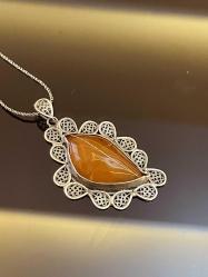 YAPRAK FORMUNDA OSMANLI DAMLA KEHRİBAR BAYAN KOLYE 925 AYAR TELKARİ GÜMÜŞ