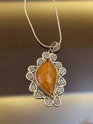 YAPRAK FORMUNDA OSMANLI DAMLA KEHRİBAR BAYAN KOLYE 925 AYAR TELKARİ GÜMÜŞ