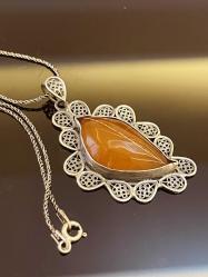 YAPRAK FORMUNDA OSMANLI DAMLA KEHRİBAR BAYAN KOLYE 925 AYAR TELKARİ GÜMÜŞ