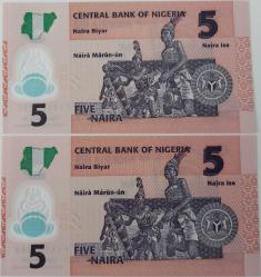 2020 NIJERYA 5 NAIRA ORİJİNAL SIRALI POLİMER KAĞIT PARALAR ÇİL FJ5121288-FJ5121287 ÇOK NADİRDİR