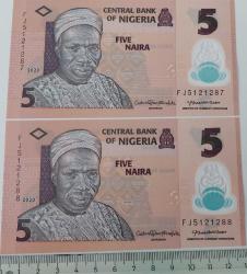 2020 NIJERYA 5 NAIRA ORİJİNAL SIRALI POLİMER KAĞIT PARALAR ÇİL FJ5121288-FJ5121287 ÇOK NADİRDİR