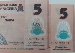 2020 NIJERYA 5 NAIRA ORİJİNAL SIRALI POLİMER KAĞIT PARALAR ÇİL FJ5121288-FJ5121287 ÇOK NADİRDİR