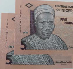 2020 NIJERYA 5 NAIRA ORİJİNAL SIRALI POLİMER KAĞIT PARALAR ÇİL FJ5121288-FJ5121287 ÇOK NADİRDİR