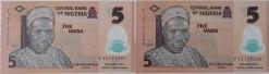 2020 NIJERYA 5 NAIRA ORİJİNAL SIRALI POLİMER KAĞIT PARALAR ÇİL FJ5121288-FJ5121287 ÇOK NADİRDİR