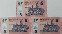 2020 NIJERYA 5 NAIRA ORİJİNAL SIRALI POLİMER KAĞIT PARALAR ÇİL FJ5121290-FJ5121291-FJ5121292 ÇOK NADİRDİR