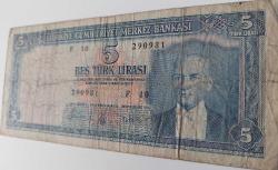 5.EMİSYON 3.TERTİP 5 BEŞ TÜRK LİRASI SERİ F10 290981 SERİ NUMARALI KAĞIT PARA NADİRİ