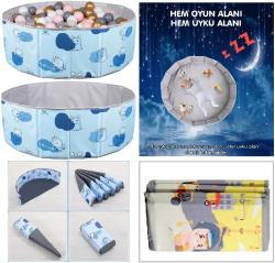 Baby Marine Katlanabilir Top Havuzu - Oyun Alanı - Oyun Halısı + 150 Adet 5 Renk Top Hediye -  Sevimli Mavi