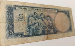 5.EMİSYON 1.TERTİP 5 BEŞ TÜRK LİRASI SERİ B9 364936 SERİ NUMARALI NATÜREL KAĞIT PARA EN NADİRİ