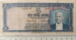 5.EMİSYON 1.TERTİP 5 BEŞ TÜRK LİRASI SERİ B9 364936 SERİ NUMARALI NATÜREL KAĞIT PARA EN NADİRİ