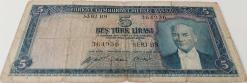 5.EMİSYON 1.TERTİP 5 BEŞ TÜRK LİRASI SERİ B9 364936 SERİ NUMARALI NATÜREL KAĞIT PARA EN NADİRİ