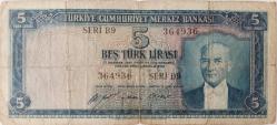 5.EMİSYON 1.TERTİP 5 BEŞ TÜRK LİRASI SERİ B9 364936 SERİ NUMARALI NATÜREL KAĞIT PARA EN NADİRİ