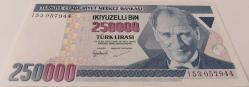 7.EMİSYON 3.TERTİP 250.000 TÜRK LİRASI I53057944 SERİ NUMARALI KAĞIT PARA ÇİL