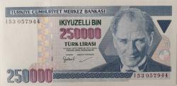 7.EMİSYON 3.TERTİP 250.000 TÜRK LİRASI I53057944 SERİ NUMARALI KAĞIT PARA ÇİL