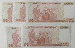 7.EMİSYON 3.TERTİP 100.000 TÜRK LİRALARI RAKAM SIRALI J05102697-698-699-700-701 SERİ NUMARALI KAĞIT PARALAR ÇİL