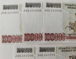 7.EMİSYON 3.TERTİP 100.000 TÜRK LİRALARI RAKAM SIRALI J05102697-698-699-700-701 SERİ NUMARALI KAĞIT PARALAR ÇİL