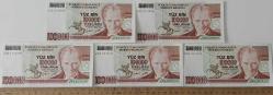 7.EMİSYON 3.TERTİP 100.000 TÜRK LİRALARI RAKAM SIRALI J05102697-698-699-700-701 SERİ NUMARALI KAĞIT PARALAR ÇİL