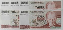 7.EMİSYON 3.TERTİP 100.000 TÜRK LİRALARI RAKAM SIRALI J05102697-698-699-700-701 SERİ NUMARALI KAĞIT PARALAR ÇİL