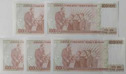 7.EMİSYON 3.TERTİP 100.000 TÜRK LİRALARI RAKAM SIRALI J05102697-698-699-700-701 SERİ NUMARALI KAĞIT PARALAR ÇİL