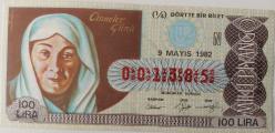 MİLLİ PİYANGO 9 MAYIS 1982 ANNELER GÜNÜ ATATÜRK'ÜN ANNESİ ZÜBEYDA HANIM TEMALI N 001385 NUMARALI DÖRTTE BİR BİLET ÇOK ÇOK NADİR