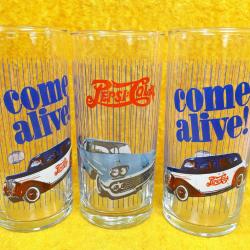 VINTAGE KLASİK OTOMOBİL RESİMLİ 3 ADET PEPSI-COLA BARDAK