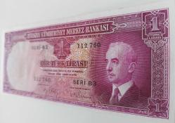 2.EMİSYON 1.TERTİP İNÖNÜ 1 BİR TÜRK LİRASI SERİ B3 112760 NUMARALI KAĞIT PARA NATÜREL ÇİL-ÇİLALTI ÇOK ÇOK NADİR