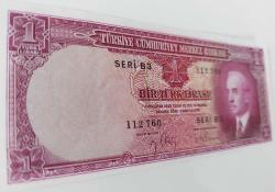 2.EMİSYON 1.TERTİP İNÖNÜ 1 BİR TÜRK LİRASI SERİ B3 112760 NUMARALI KAĞIT PARA NATÜREL ÇİL-ÇİLALTI ÇOK ÇOK NADİR
