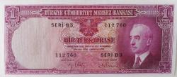 2.EMİSYON 1.TERTİP İNÖNÜ 1 BİR TÜRK LİRASI SERİ B3 112760 NUMARALI KAĞIT PARA NATÜREL ÇİL-ÇİLALTI ÇOK ÇOK NADİR