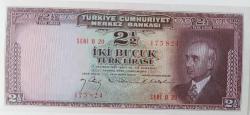 3.EMİSYON 1.TERTİP İNÖNÜ 2,5 İKİ BUÇUK TÜRK LİRASI SERİ B 20 173824 NOLU NATÜREL ÇİL KAĞIT PARA EN NADİRİ