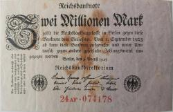 1923 ALMANYA 2 MİLYON MARK REİCH DÖNEMİ BERLİN ORİJİNAL HİPERENFLASYON KAĞIT PARASI 24 AF. 074178 ÇOK NADİR