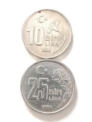 Efemera - 1998 10.000 ve 25.000 Lıra  Eskı Madeni Para. Türk Lirası. Cumhuriyet Dönemi Madeni Para . - kitantik - kitaLog