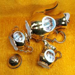ANTİKA SHINWA CHINA MADE IN JAPAN 3 PARÇA ALTIN YALDIZLI PORSELEN ÇAY SETİ