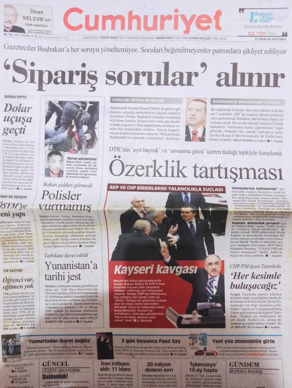 Cumhuriyet Gazetesi 21 Aralık 2010 Recep Tayyip Erdoğan  