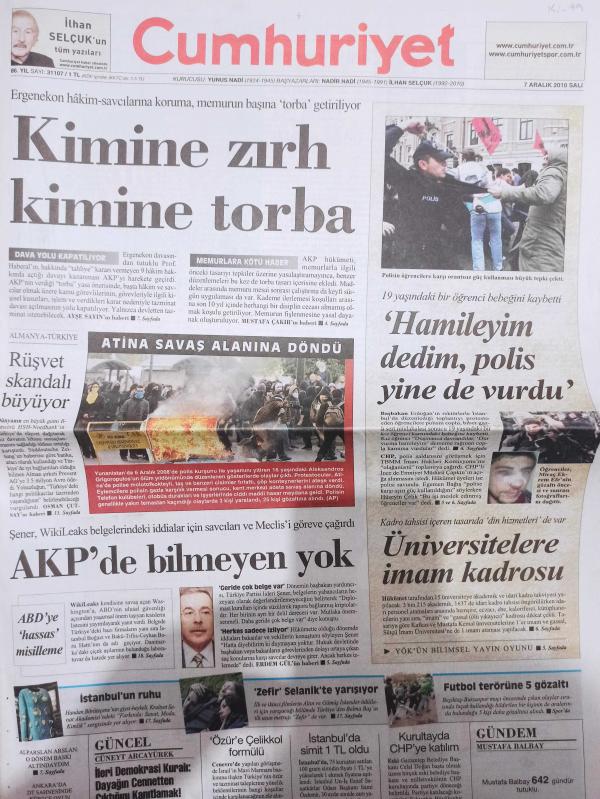 Cumhuriyet Gazetesi 7 Aralık 2010 Oktay Akbal Ali Sirmen  