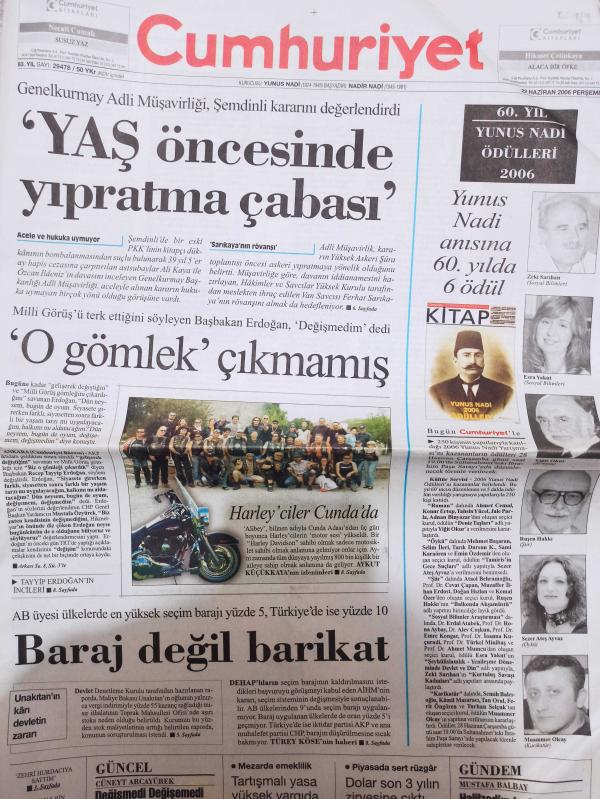 Cumhuriyet Gazetesi 22 Haziran 2006 Zeki Sarıhan Esra Yakut  