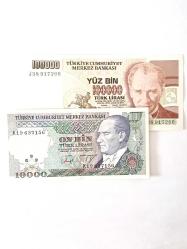 Efemera - 7. Emisyon 100.000 ve 10.000 Türk Lirası Eski Kağıt Para. Koleksiyon Para. Hatıra Para. - kitantik - kitaLog