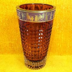 VINTAGE PAŞABAHÇE ANADOLU MEDENİYETLERİ SERİSİ AMBER RENKLİ EL İŞİ ALTIN YALDIZ DEKORLU CAM VAZO