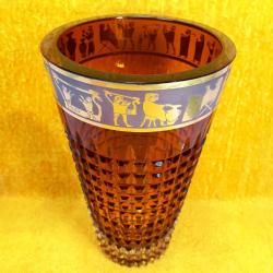 VINTAGE PAŞABAHÇE ANADOLU MEDENİYETLERİ SERİSİ AMBER RENKLİ EL İŞİ ALTIN YALDIZ DEKORLU CAM VAZO