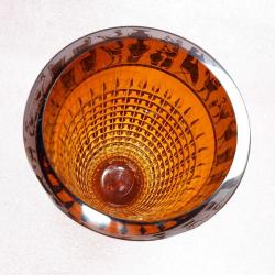VINTAGE PAŞABAHÇE ANADOLU MEDENİYETLERİ SERİSİ AMBER RENKLİ EL İŞİ ALTIN YALDIZ DEKORLU CAM VAZO