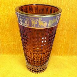 VINTAGE PAŞABAHÇE ANADOLU MEDENİYETLERİ SERİSİ AMBER RENKLİ EL İŞİ ALTIN YALDIZ DEKORLU CAM VAZO
