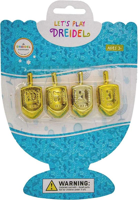 The Dreidel Company Hanukkah Plastic Gold Metallic Dreidels with Letters &  English Transliteration - 4-Pack Blister